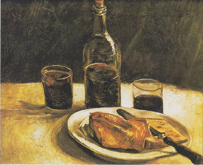 Vincent Van Gogh Still life with bottle, two glasses, cheese and bread Germany oil painting art